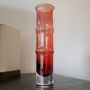 Vintage Aseda Glass Bamboo Vase Ruby Ombre Clear 9.5"